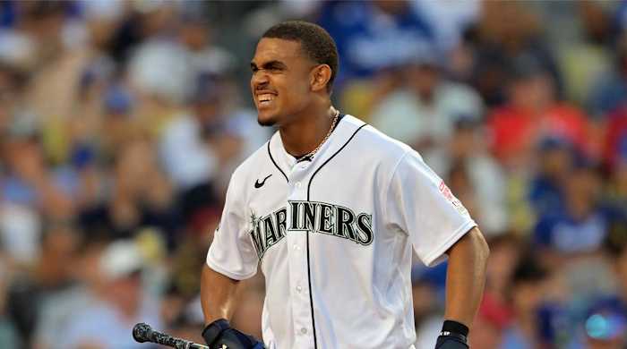 Jul 18, 2022; Los Angeles, CA, USA; Seattle Mariners center fielder Julio Rodriguez (44) reacts in the final round during the 2022 Home Run Derby at Dodgers Stadium.